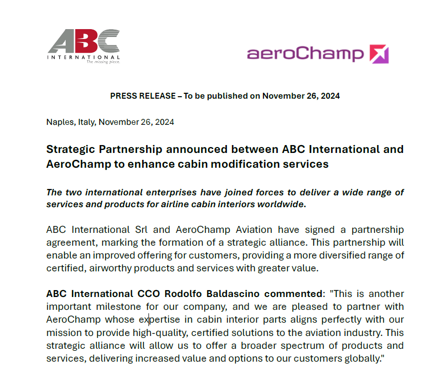STRATEGIC PARTNERSHIP ANNOUNCED BETWEEN ABC INTERNATIONAL AND AEROCHAMP TO ENHANCE CABIN MODIFICATION SERVICES