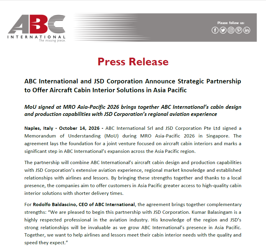 ABC INTERNATIONAL AND JSD CORPORATION ANNOUNCE STRATEGIC PARTNERSHIP TO OFFER AIRCRAFT CABIN INTERIOR SOLUTIONS IN ASIA PACIFIC